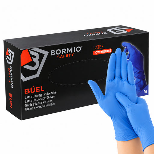 Bormio Safety Büel, blaue Latex-Einweghandschuhe, Box und getragene Handschuhe