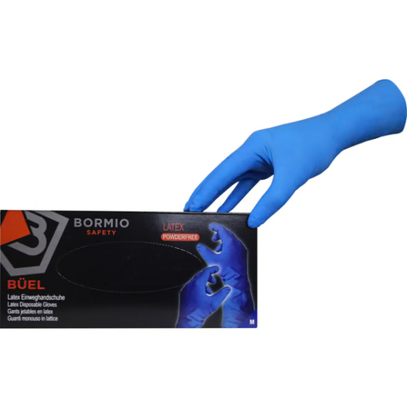 Bormio Safety Büel, blaue Latex-Einweghandschuhe, Originalansicht mit Verpackung