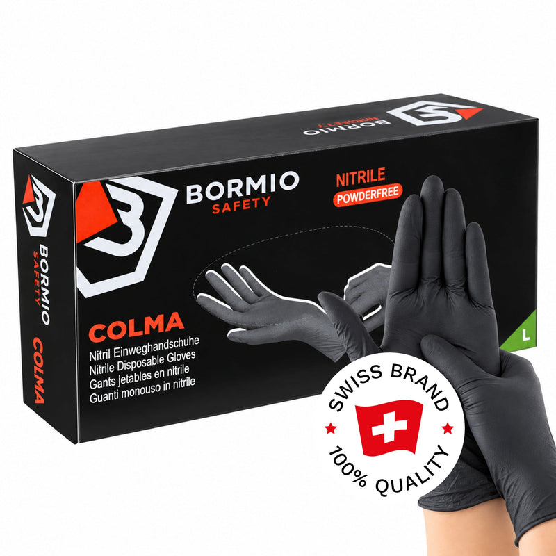 Bormio Safety Colma, schwarze Nitril-Einweghandschuhe, Box und getragene Handschuhe, Swiss-Brand-Button