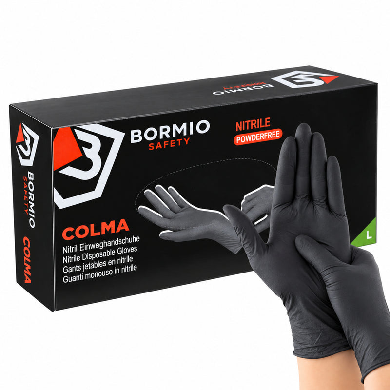 Bormio Safety Colma, schwarze Nitril-Einweghandschuhe, Box und getragene Handschuhe