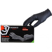 Bormio Safety Colma, schwarze Nitril-Einweghandschuhe, Originalansicht mit Verpackung