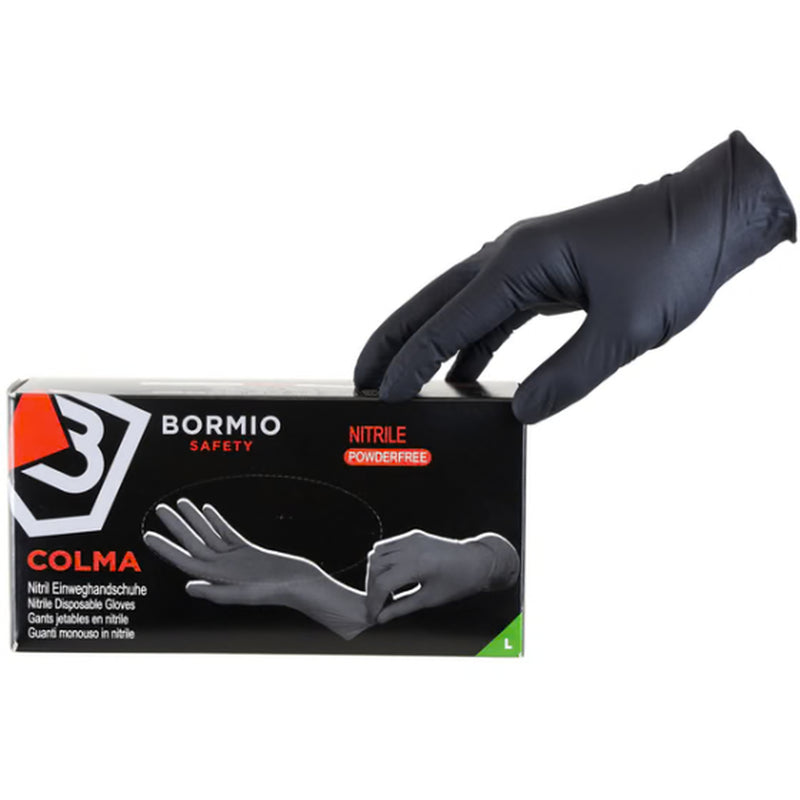 Bormio Safety Colma, schwarze Nitril-Einweghandschuhe, Originalansicht mit Verpackung