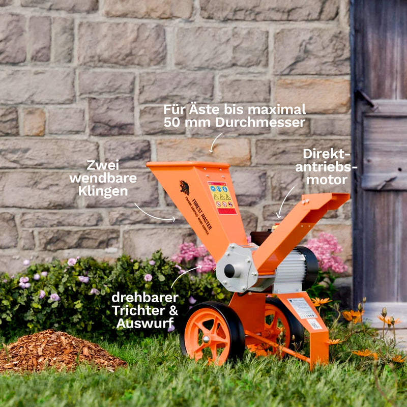 Holzhäcksler Elektro 4 PS | bis 50 mm Aststärke | Direktantrieb | drehbarer Einfülltrichter | Forest Master FM4DDE