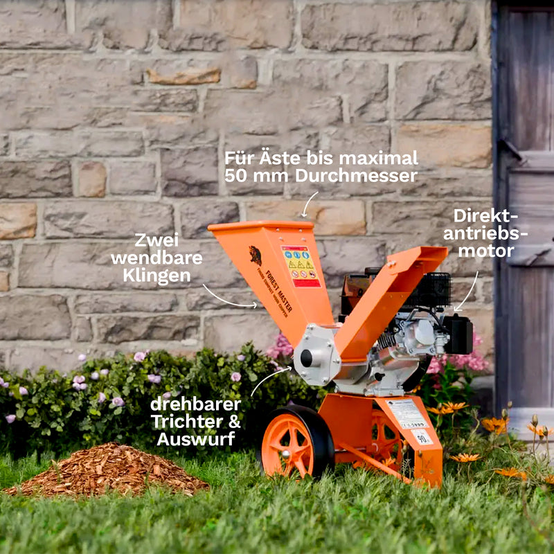 Holzhäcksler Benzin 6 PS | bis 50 mm Aststärke | Direktantrieb | drehbarer Einfülltrichter | Hand- oder Elektrostarter | Forest Master FM6DD/ES