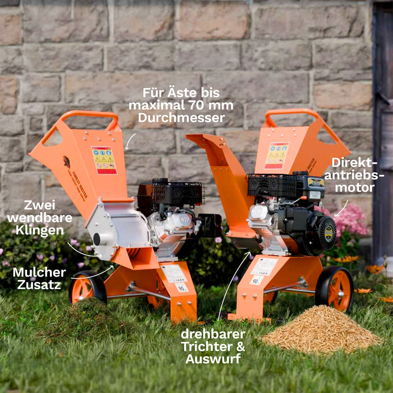 Holzhäcksler Benzin 8 PS | Mulchfunktion | bis 70 mm Aststärke | Direktantrieb | drehbarer Einfülltrichter | Forest Master FM8DD