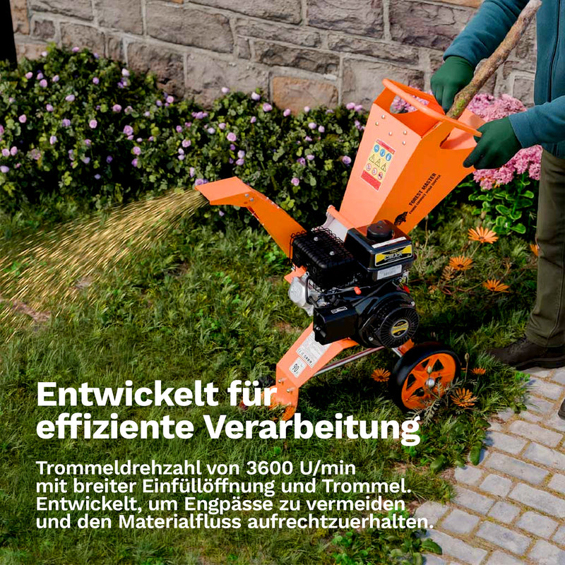 Holzhäcksler Benzin 8 PS | Mulchfunktion | bis 70 mm Aststärke | Direktantrieb | drehbarer Einfülltrichter | Forest Master FM8DD