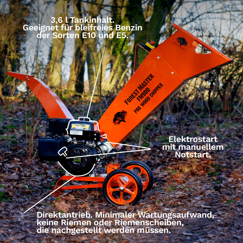 Holzhäcksler Benzin 9 PS | Mulchfunktion | Elektrostart | max. 75 mm Aststärke | Direktantrieb | drehbare Häckseltrommel | Forest Master FM9DDES