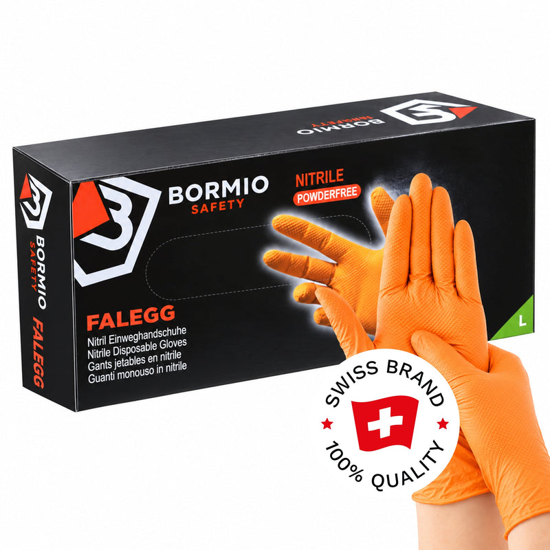 Bormio Safety Falegg, leuchtorangefarbene Nitril-Einweghandschuhe, Box und getragene Handschuhe, Swiss-Brand-Button