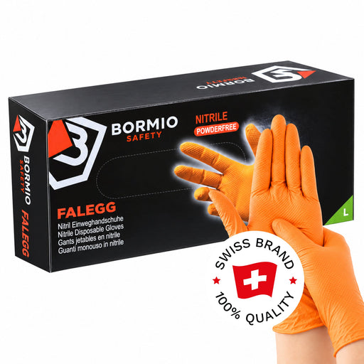 Bormio Safety Falegg, leuchtorangefarbene Nitril-Einweghandschuhe, Box und getragene Handschuhe, Swiss-Brand-Button