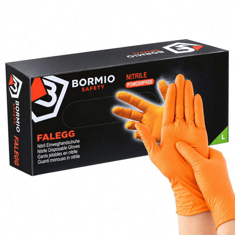 Bormio Safety Falegg, leuchtorangefarbene Nitril-Einweghandschuhe, Box und getragene Handschuhe