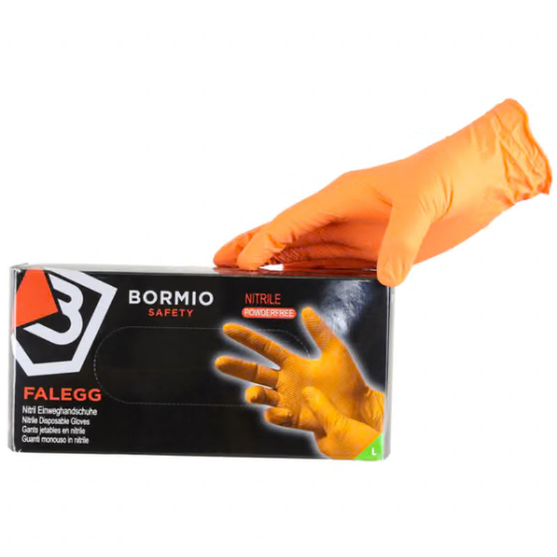 Bormio Safety Falegg, leuchtorangefarbene Nitril-Einweghandschuhe, Originalansicht mit Verpackung