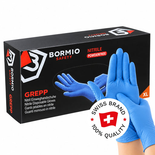 Bormio Safety Grepp, blaue Nitril-Einweghandschuhe, Box und getragene Handschuhe, Swiss-Brand-Button