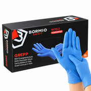 Bormio Safety Grepp, blaue Nitril-Einweghandschuhe, Box und getragene Handschuhe