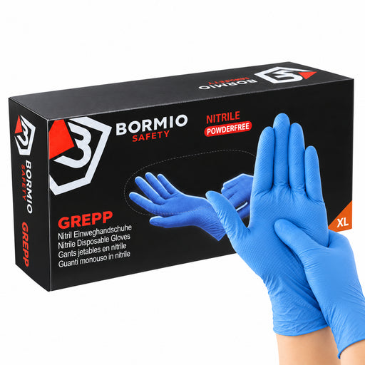 Bormio Safety Grepp, blaue Nitril-Einweghandschuhe, Box und getragene Handschuhe
