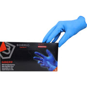 Bormio Safety Grepp, blaue Nitril-Einweghandschuhe, Originalansicht mit Verpackung