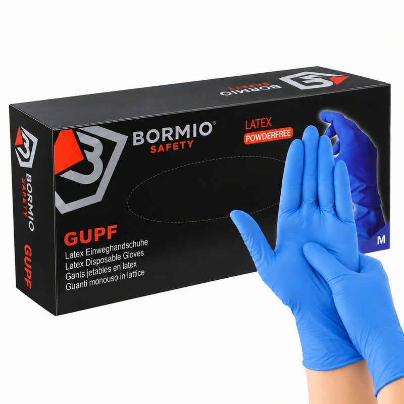 Bormio Safety Gupf, blaue Latex-Einweghandschuhe mit Box