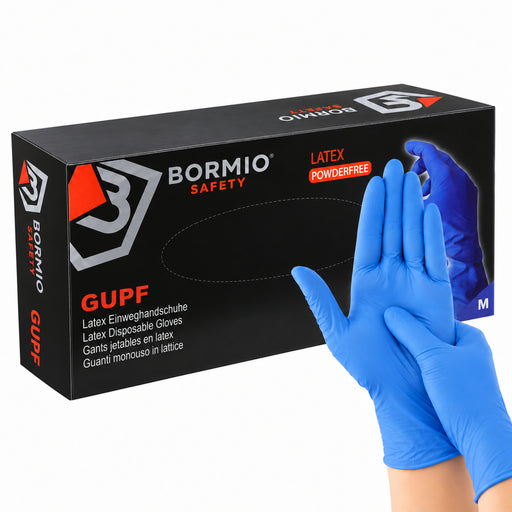 Bormio Safety Gupf, blaue Latex-Einweghandschuhe mit Box