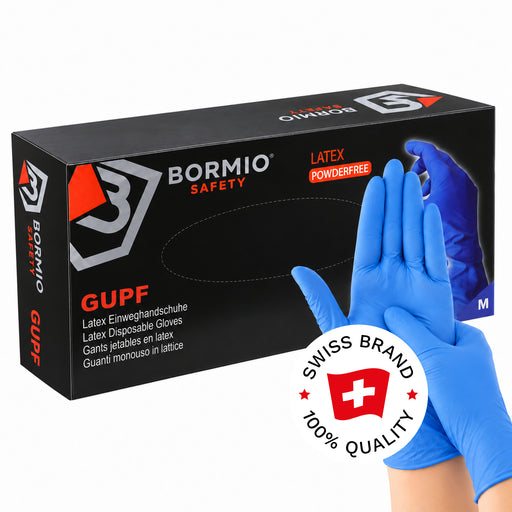 Bormio Safety Gupf, blaue Latex-Einweghandschuhe mit Box und Swiss-Brand-Button