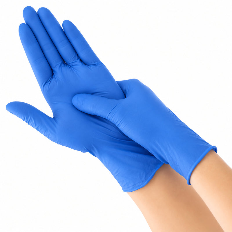 Bormio Safety Gupf, blaue Latex-Einweghandschuhe mit langen Manschetten, Handschuhansicht