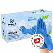 Bormio Sensitive Hugin, blaue Nitril-Einweghandschuhe, Box und Handschuhe mit Swiss-Brand-Button