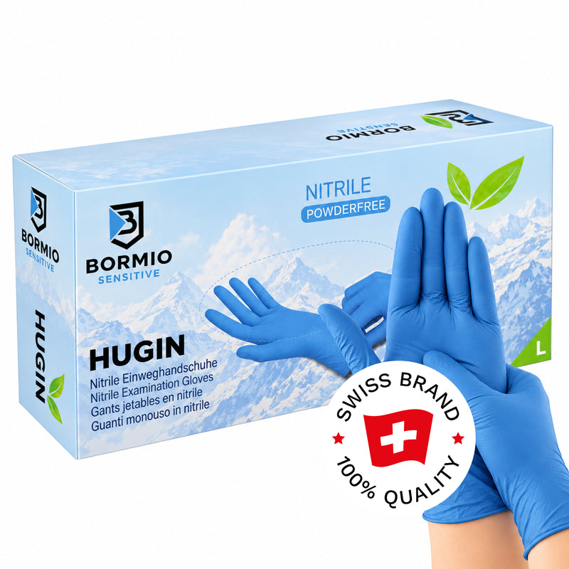 Bormio Sensitive Hugin, blaue Nitril-Einweghandschuhe, Box und Handschuhe mit Swiss-Brand-Button