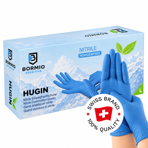 Bormio Sensitive Hugin, blaue Nitril-Einweghandschuhe, Box und Handschuhe mit Swiss-Brand-Button