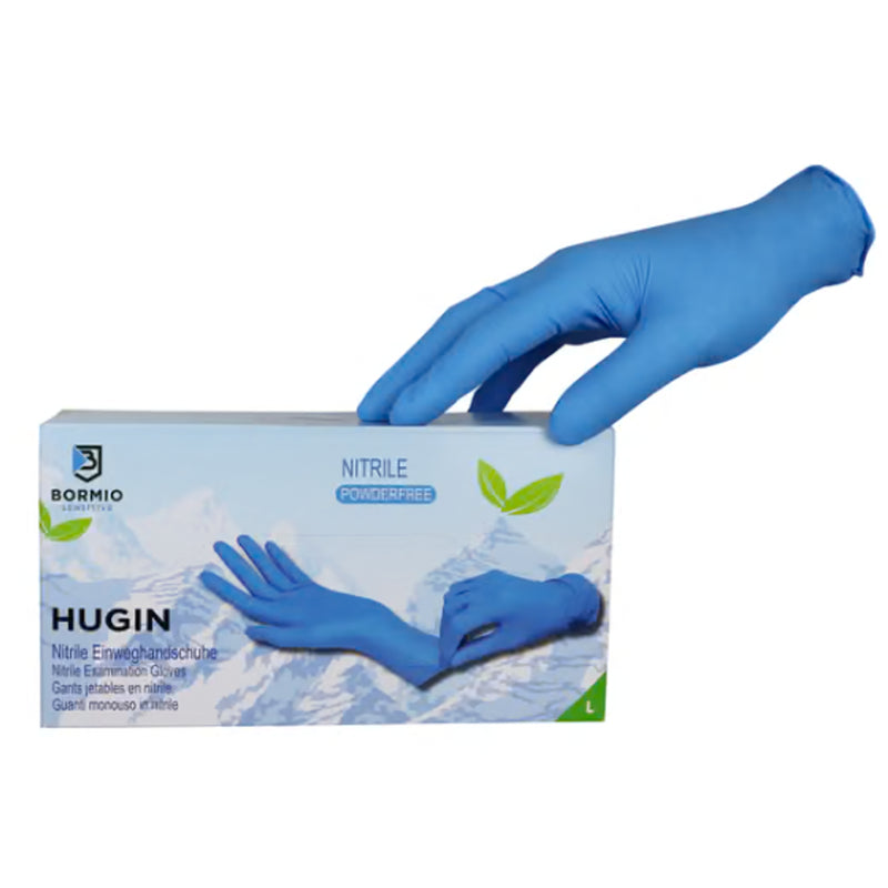 Bormio Sensitive Hugin, blaue Nitril-Einweghandschuhe, Originalansicht mit Verpackung