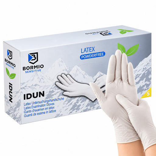 Bormio Sensitive Idun, weisse Latex-Einweghandschuhe, Box und Handschuhe