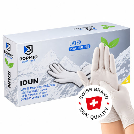 Bormio Sensitive Idun, weisse Latex-Einweghandschuhe, Box und Handschuhe mit Swiss-Brand-Button