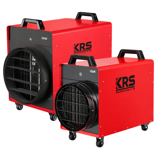 KRS Elektroheizer: HE030C 30 kW links, HE015C 15 kW rechts davor, beide Frontansichten