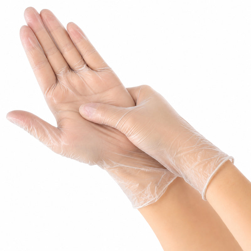 MEDBRUN Vinyl Expert Transparent, glatte transparente Vinylhandschuhe in getragener Handflächenansicht