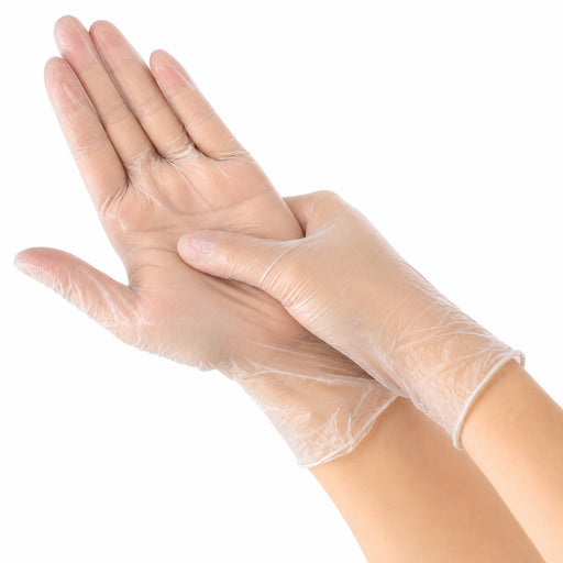MEDBRUN Vinyl Expert Transparent, glatte transparente Vinylhandschuhe in getragener Handflächenansicht