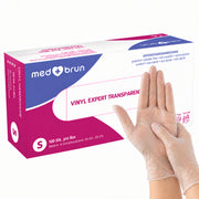 MEDBRUN Vinyl Expert Transparent, Box mit 100 Stück in Grösse S und transparente Handschuhe vor der Verpackung