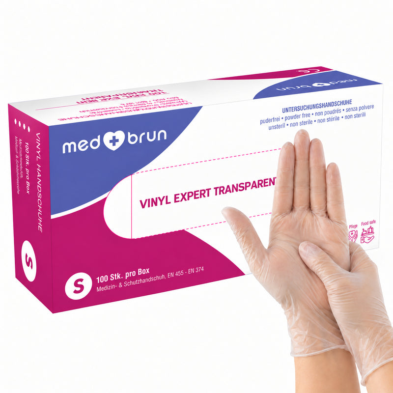 MEDBRUN Vinyl Expert Transparent, Box mit 100 Stück in Grösse S und transparente Handschuhe vor der Verpackung