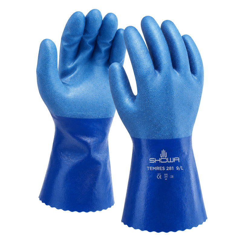 SHOWA TEMRES 281 blaue Arbeitshandschuhe, Paar mit Handfläche und Handrücken