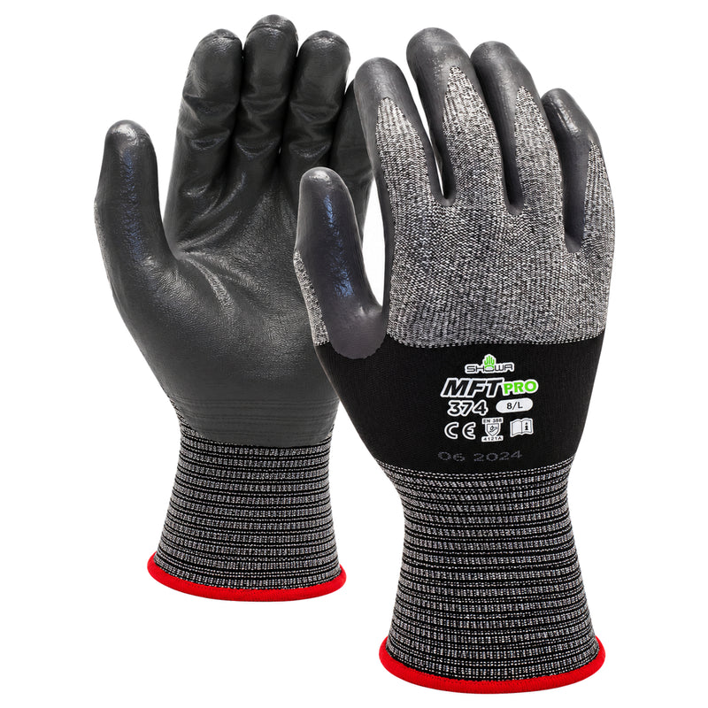 SHOWA MFT PRO 374 Montagehandschuhe in Grau/Schwarz, Paar mit Handfläche und Handrücken