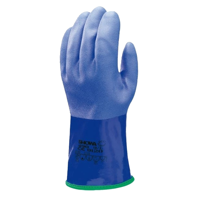 SHOWA 490 Handschuh in Blau, Handrücken mit Originalaufdruck und grünem Stulpenrand