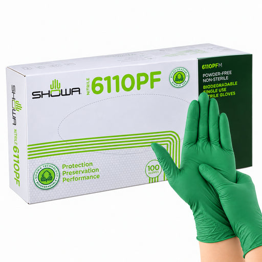 SHOWA 6110PF EBT, grüne Nitrilhandschuhe getragen mit weiss-grüner Originalbox