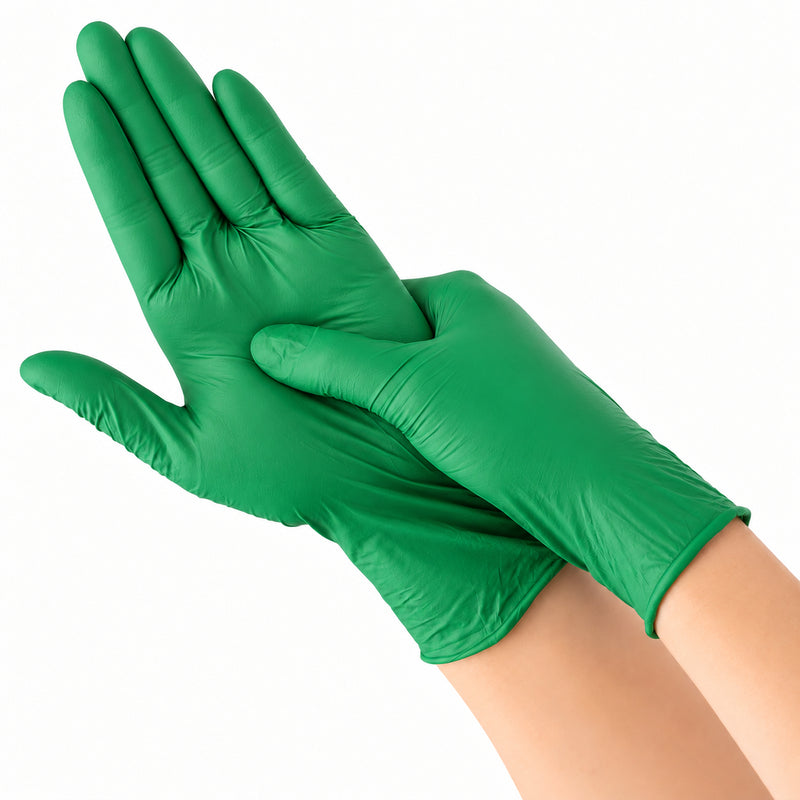 SHOWA 6110PF EBT, getragene grüne Nitrilhandschuhe und Griff am flexiblen Bündchen
