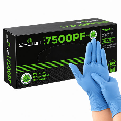 SHOWA 7500PF EBT, blaue Nitrilhandschuhe getragen mit Originalbox