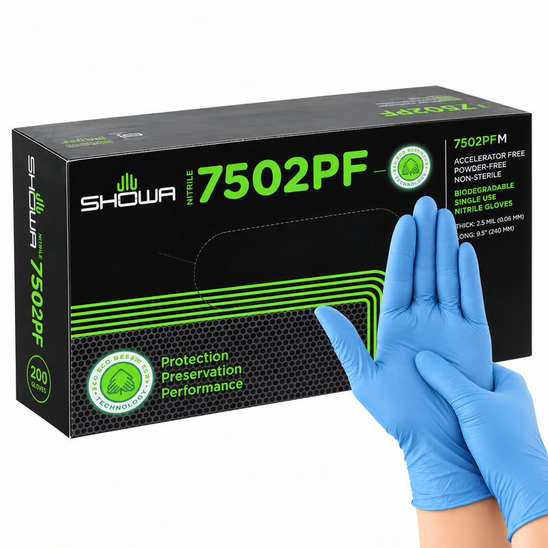 SHOWA 7502PF EBT, blaue Nitrilhandschuhe getragen mit originaler 200er-Box