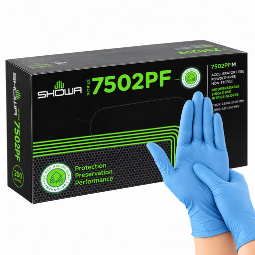 SHOWA 7502PF EBT, blaue Nitrilhandschuhe getragen mit originaler 200er-Box