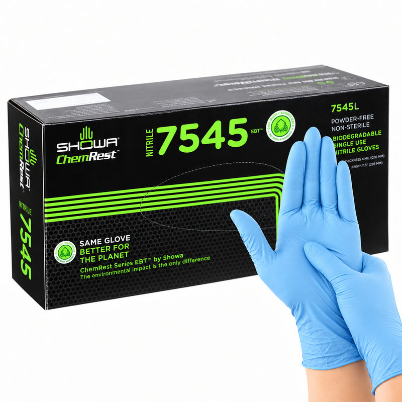 SHOWA 7545 EBT, blaue Nitrilhandschuhe getragen mit Originalbox