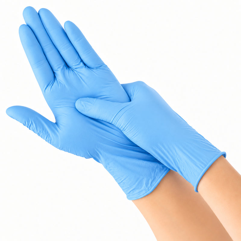 SHOWA 7545 EBT, getragene Nitrilhandschuhe und Griff am flexiblen Bündchen