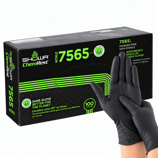 SHOWA 7565 EBT, schwarze Nitrilhandschuhe getragen mit Originalbox
