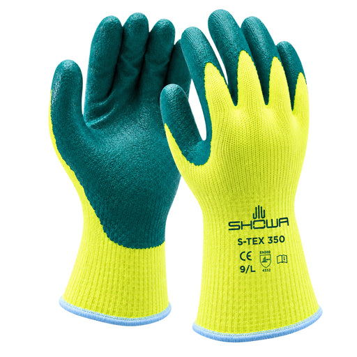 SHOWA S-TEX 350 in Gelb/Grün mit hellblauem Abschluss, Paar mit Handfläche links und Handrücken rechts