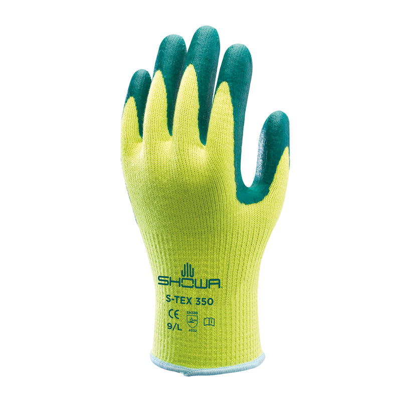 SHOWA S-TEX 350 in Gelb/Grün mit hellblauem Abschluss, einzelner Handschuh von der Rückseite