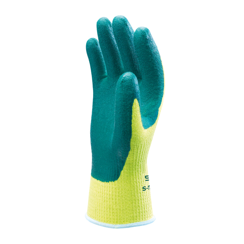 SHOWA S-TEX 350, einzelne grüne Nitril-Handfläche mit gelbem Träger und hellblauem Abschluss