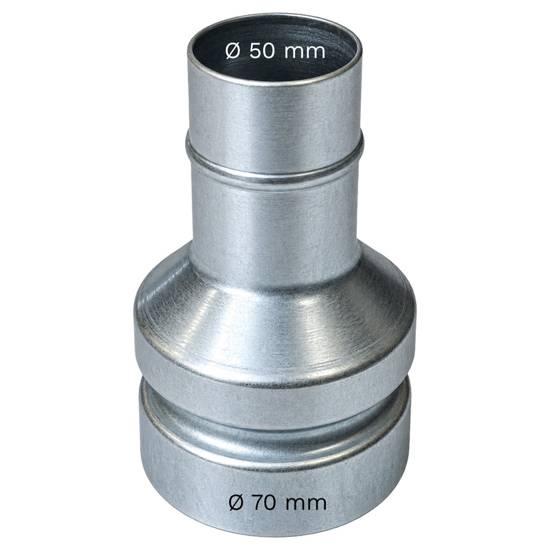 Schlauchreduzierung Ø 70/40 oder 70/50 mm | verzinkter Stahl | Schnellanschluss | MAXVAC SUPRA
