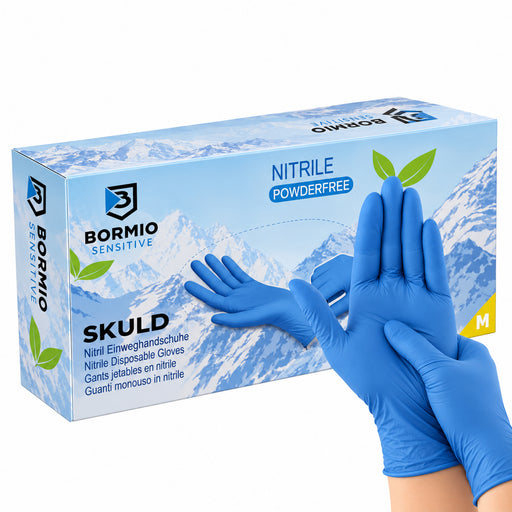 Bormio Sensitive Skuld, blaue Nitril-Einweghandschuhe, Box und Handschuhe